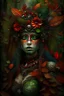Placeholder: beautiful Forest fairy lady portrait, adorned with textured goth decadent autumn orange and green leaves and botanical floral voidcore shamanism floral ribbed and red berry ribbed armour in the embossed woods background , wearing forest floral and leaves fairy farl goth shamanism fairy mineral stone headdress, organic bio spinal ribbed decadent angel fairy shaman embossed floral backgreong extremely detailed hyperrealistic concept art