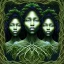 Placeholder: Painting .three women. A mother. Two daughter. Twins. A mother with her children the faces of three young black women. wood nymphs emerging from the forest. Her hair looks like vines. Dreadlocs. Her skin is the colour of dark soil. Her skin looks like tree bark. Her clothing is made of vines, grass and leaves.