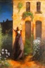 Placeholder: Night, one woman, house, dirt, flowers, vegetations, arnold bocklin, and henry fuseli paintings