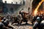 Placeholder: (photo of a movie by Ray Harryhausen) Epic dynamic spread, graphic movie style. Subject: Chaotic battle scene during Dwarven defense against Orcs on the fortified wall. Foreground: Gritty, muscle-bound Dwarven warrior with flame-beard swinging an axe into an Orc helm, intense rage expression. Midground: Phalanx of armored Dwarves defending battlements, dropping stones and tar. Background: Endless tide of attacking Orcs with scaling ladders, five armored Trolls pushing a ram at the wall base. Wa