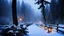 Placeholder: fir forrest scenery, heavy mist,mist shadows,valley,creek,forest,christmas lanterns,tree,,nature,night,snow,fir tree,high-quality photograph