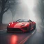Placeholder: Image of a red super sports car on a road, which contains a mysterious atmosphere and fog, front perspective Renaissance art