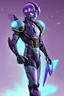 Placeholder: A Genderless Cyborg made of metal, has a human like face with a long violet ponytail, the cybord is wearing armor similar to Megaman Omega. The color palatte of the armour is deep purple and yellow.