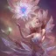 Placeholder: one big crystal subtle flower in a galactic ambiance with a beautiful fairy, transparent petals,