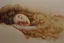 Placeholder: Small girl with long curly brown hair sleeping in god's hand (a big, clear hand) watercolor and ink, golden patina, glitters in ochre, backlit, mist and fog