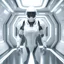 Placeholder: Hyper realistic glossy cyborg cybernetic pilot inside a white and grey futuristic spaceship surrounded by white glossy minimalist walls control panels in the white background in the style of Laura Greenan, white color scheme in the style of 3D, octane render, 8k, ray-tracing, blender, hyper-detailed