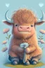 Placeholder: Adorable cute happy baby scottish highland cow with dreamy eyes, sitting down and holding a flower, nursery art, very rendered polished Perfect, smooth edges, flawless Facial Features, Stunning, Whimsical Fantasy, Cute, Highly Detailed, Well Rendered, cartoon, illustration