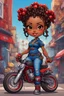 Placeholder: whimsical illustration of the chibi cartoon character, a voluptuous black female in a blue jean outfit with biker boots. Her prominent makeup and hazel eyes, along with her detailed red bantu knots, are featured in this image, set against the background of a lively bike show.