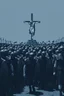 Placeholder: "A conceptual black-and- dark blue, digital illustration of a massive roman warriors walking in the same direction, heads down, symbolizing conformity. Jesus on the cross in the background, The atmosphere feels lifeless and repetitive, emphasizing the ordinary mindset of the majority."