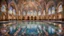 Placeholder: Superb symmetrical pictorial multicoloured mosaic floor, walls with pictures of bathers and swimmers, swimming pool, bathers, swimmers, water feature, symmetrical cathedral style high ceiling, relaxation, luxury, dream world, calm beauty, symmetry, fantasy world, magic, beautiful symmetrical composition, exquisite detail, 135mm lens, adjust perspective, chiaroscuro, dynamic lighting