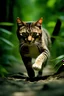 Placeholder: A Cat running very fast in the jungle, front shot, close up, National geographic style, motion blur, sharp focus, 8k