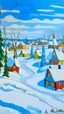 Placeholder: A sky blue snow covered Christmas themed Viking village designed in Scandinavian folk art painted by Alexej von Jawlensky