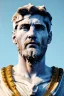 Placeholder: Realistic image, Roman sculpture made in white marble with gold veins, Lionel messi with gold laurel leaves crown, two blue brushes, decorative star on the chest, waist up portrait, marble material, gold ornaments, Baroque style, sun rays background, epic, celestial, cinematic lighting, God lights, 4k resolution, smooth details, soft lighting, unreal engine 5, art station, substance 3d.