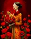 Placeholder: Create a moving illustration of a red girl wearing a yellow coat holding a bouquet of red poppies, standing peacefully, head leaning upward. A Oriental shorthair Siamese chocolate point cat with a red heart-shaped collar sits at her feet, looking up adoredly. Use a dark, textured background to accentuate the heat of the subjects. Emphasize a calm and introspective atmosphere. HD