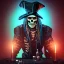 Placeholder: a cyberpunk hacker pirate captain skeleton holding beer with a pirate hat sitting in front of a huge old crt monitor in a dark room , only light coming from crt monitor, highly detailed, intricate, digital art, trending on artstation, trending on cgsociety, by greg rutkowski