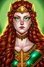 Placeholder: warrior queen with wavy red hair, gold armour, and bright green eyes