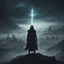 Placeholder: Dark oriental Sinister alien landscape. A city in the distance. Dark mist. Dark hooded Man with The powers of a god holding a glowing wand to the sky.