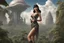 Placeholder: Photorealistic, Full Body Photo Of A Sci-Fi Pin-Up Girl, With Dark Hair With Bangs, On An Alien Jungle Planet With Cloud Trees, Tall Spires, Buildings, Bridges, Arches