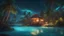 Placeholder: Idyllic lush lagoon bioluminescent with palm trees and tree house with a glow from the inside on the lagoon’s beach in 8k realistic and detail water and real cozy look