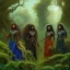 Placeholder: Painting .the faces of 5 young black women. Young women sitting wood nymphs emerging from the forest. THeir hair looks like vines. Dreadlocs. Their skin is the colour of dark soil. their skin looks like tree bark. Their clothing is made of vines, grass and leaves.