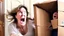 Placeholder: woman starts frantically tearing apart large door sized box scaring her husband