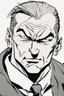 Placeholder: deranged man with slicked back hair, stubble and a judgmental look on his face comic book style