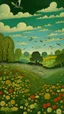 Placeholder: A green plain filled with flowers and birds in the sky hedges painted by Henri Rousseau