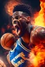 Placeholder: 8k, highly realistic and detailed image of a NBA basketball player in action dunking the ball in the net, sweaty hair, screaming look,action and smoke and flames background