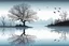 Placeholder: Illustration of a lonely dark tree with barren branches stands on a water's edge, reflected in the water, fog, crows on the sky, mystical landscape, sinister mood, line art