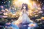 Placeholder: black light art, cute chibi anime silk princess in a flowergarden with beautiful flowers, pond, in sunshine, watercolor and black in outlines, golden glitter, ethereal, cinematic postprocessing, bokeh, dof