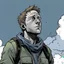 Placeholder: man, ethan hawk, looking at the sky, looking serious, comic book, post-apocalypse, grey background, illustration,