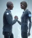 Placeholder: detroit become human, two people looking at each other, real Handshake 10 fingers , sci-fi fantasy style, volumetric lighting, particales,highly detailed,cinamatic, deep colours,8k.