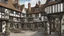 Placeholder: A Paved Courtyard, With Tudor Gothic Houses, Tall twisted Chimneys, twisted Roofs, People, Shops,