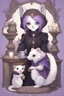 Placeholder: (anthropomorphic white ferret girl),dressed in cleric black and purple clothes with silver holy ornaments, realistic anatomy, fantasy tavern on background, mage and holy symbols around, serious face, hold cup of coffe, tired