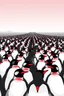 Placeholder: "A conceptual black-and- white Red digital illustration of a massive penguins walking in the same direction, toward the ocean heads down, symbolizing conformity. The atmosphere feels lifeless and repetitive, emphasizing the ordinary mindset of the majority."