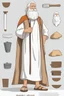 Placeholder: Noah, biblical character, long tunic, sandals on his feet, white beard and hair, hammer in his hand, model sheet, cartoon style, cute, 2d, minumalism, simple art.