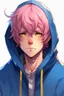 Placeholder: An anime man with messy short pink hair and narrow gold eyes wearing a blue hooded jacket Realistic.