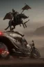 Placeholder: An advanced motorcycle with four wheels and a turbo jet in the back with rockets and machine guns Sauron, the lord of darkness, with the devil and his army, in the land of destruction