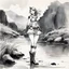 Placeholder: [traditional Chinese brush, expressive line, ink washes] Barbarella in boots standing close to a river