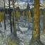 Placeholder: A gray montane forest covered in frost painted by Vincent van Gogh
