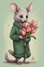 Placeholder: Green possum with naked tail wearing cardigan holding a bouquet of tulips cute art
