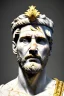 Placeholder: Realistic image, Roman sculpture made in white marble with gold veins, Lionel messi with gold laurel leaves crown, two blue brushes, decorative star on the chest, waist up portrait, marble material, gold ornaments, Baroque style, sun rays background, epic, celestial, cinematic lighting, God lights, 4k resolution, smooth details, soft lighting, unreal engine 5, art station, substance 3d.