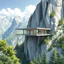 Placeholder: Architectural drawing of spectacular views of a modern house suspended on the side of a mountain, using light and resistant materials. Hyper detailed, ultra quality. green trees