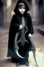 Placeholder: 7 year old boy, necromancer, friendly, looks dead,with a long lamprey emerging from his belly , wearing black robes, in the style of H.R. Giger