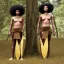 Placeholder: Female twins only,show face details cleats. Black skin, tall and slender, long afro kinky hair,slanted almond shaped dark brown eyes, warrior wear holding spears. Gold accents on clothing surrounded by trees.