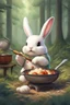 Placeholder: Cute chubby bunny floppy ears adventurer dnd cooking in a forest art realism