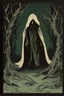 Placeholder: 1970 dark fantasy book cover paper art dark colors scary hooded figure with staph style drawing