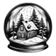 Placeholder: create a cozy realistic snowy cottage in a realistic snow globe, trees covered in snow, snow globe with a stand, bold lines, black and white, high contrast, black outline, realistic in the style of line art, in the style of coloring book