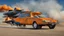 Placeholder: A national geographic award winning photograph of a military fighter jet station wagon wasp hybrid designed by volkswagen only one vehicle per image painted metallic orange traveling at a high rate of speed, jet intake off of front center of vehicle and jet exhaust out the rear with bright blue flame, bilaterally symetrical