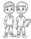 Placeholder: black American two young boys study kids coloring pages, white face no black color, full white, kids style, white background, whole body, Sketch style, full body (((((white background))))), only use the outline., cartoon style, line art, coloring book, clean line art, white background, Sketch style